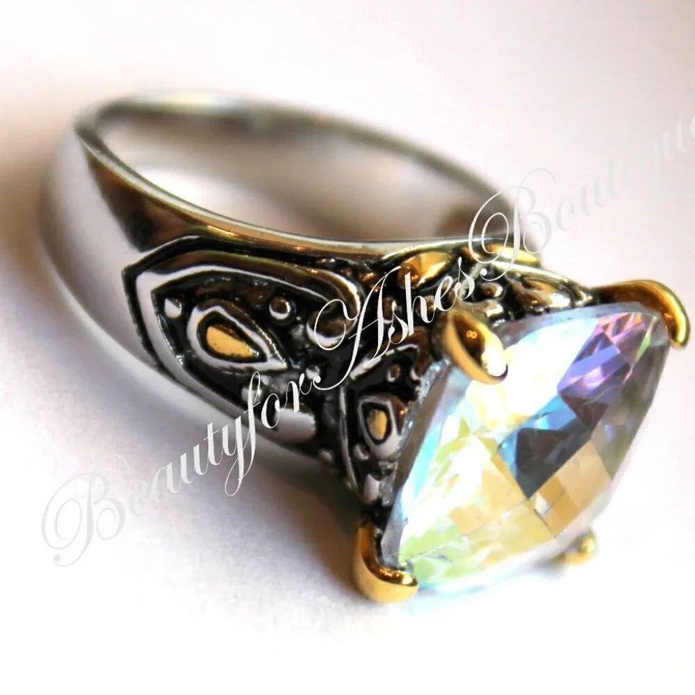 Womens Two Tone Gods Fire Throne Room Aurora Borealis AB Rainbow Ice CZ Ring 8